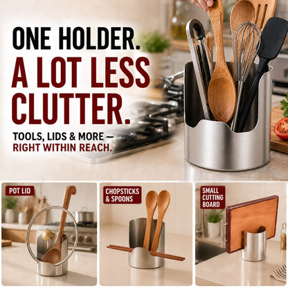 Stainless Steel Utensil Holder & Pot Lid Organizer – Rust-Proof, Drain Notch Design, Easy to Clean