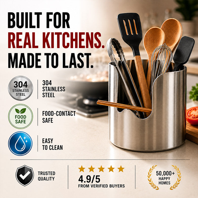 Stainless Steel Utensil Holder & Pot Lid Organizer – Rust-Proof, Drain Notch Design, Easy to Clean