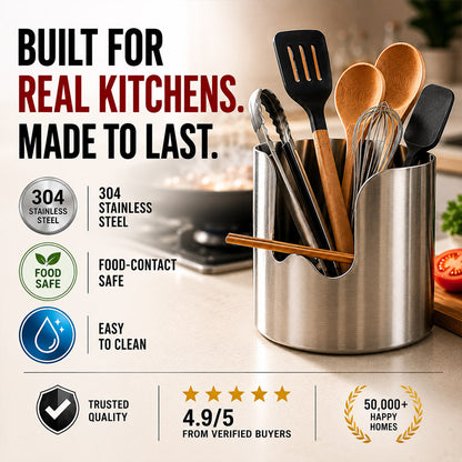 Stainless Steel Utensil Holder & Pot Lid Organizer – Rust-Proof, Drain Notch Design, Easy to Clean