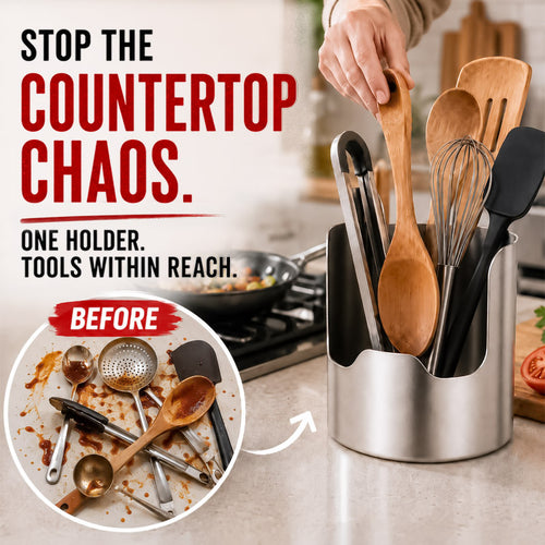 Stainless Steel Utensil Holder & Pot Lid Organizer – Rust-Proof, Drain Notch Design, Easy to Clean