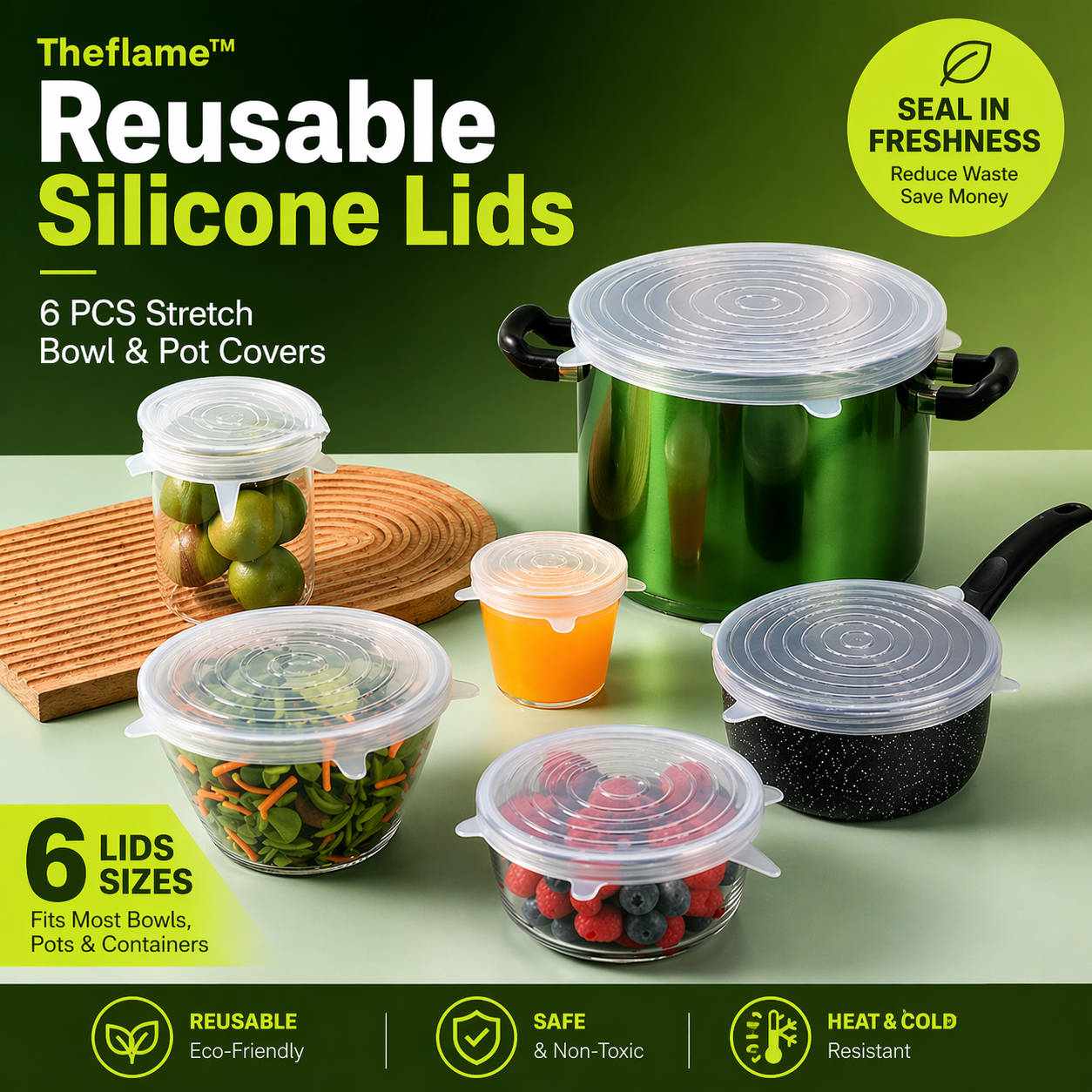 Theflame™ Reusable Silicone Lids — 6 PCS Stretch Bowl & Pot Covers (Pro Max)